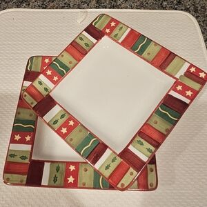Set Of 2 Festive Square Ceramic Plate with Red and Green Border